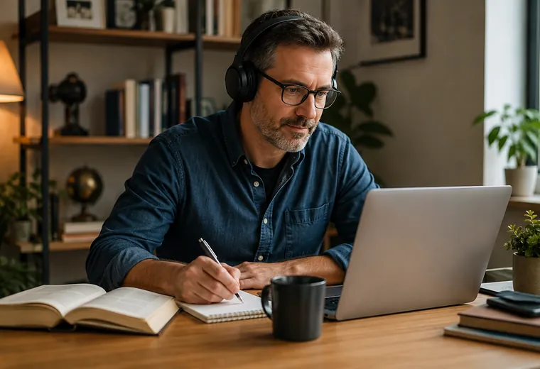 Student taking an online Bible class from his desk